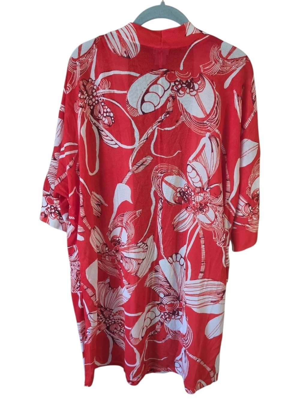CHICO'S | Floral Open‎ Front Cardigan Duster Lightweight Red White Sweater | L